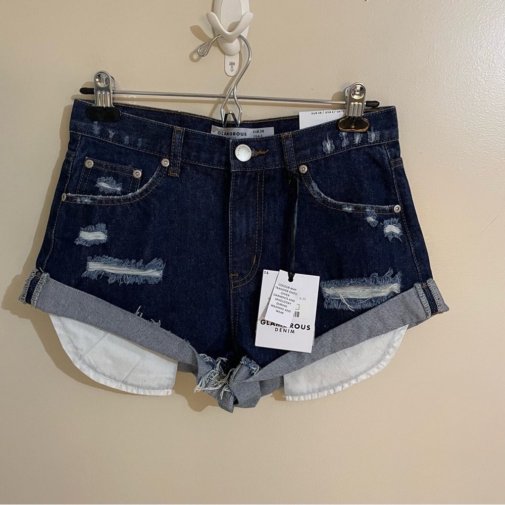 Glamorous Dark Blue Bleach Stonewash Denim Shorts, NWT